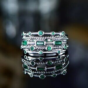 💍925 Silver Plated Green Round Rectangle CZ Double Layer Dainty Ring,UNV…